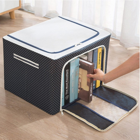 Cutie de Depozitare Pliabila,  Cu Fermoar, 66 L, Textil, 50 x 40 x 33 cm, Cadru Metalic, Suport Baza Stabil din Plastic, Imprimeu Buline, Albastru Marin