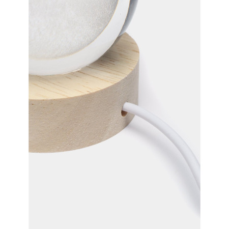 Lampa LED Decorativa,  cu Bila de Cristal cu Diametru 6cm, Model Luna 3D, Alimentare USB, Suport din Lemn, Lumina Alb Cald