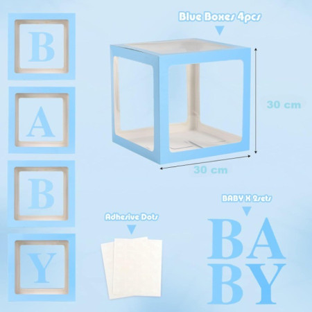 Set 4 Cutii pentru Baloane, Cyrax, Model Scris Baby, Tematica Iubire, Cuburi Decorative din Plastic, Accesorii pentru Petrecere, 30 x30 cm, Transparente Contur Albastru