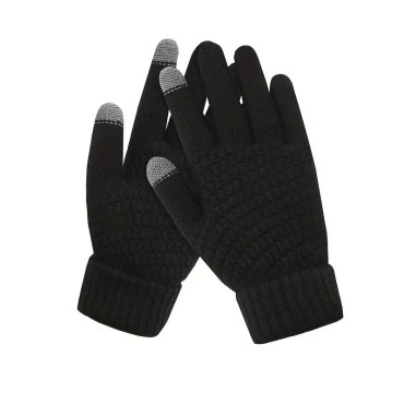 Manusi de Dama,  Functie Touchscreen (ecran tactil), Material Acril Tricotat, Manseta Elastica, Interior Catifelat, Marime Universala, Negru