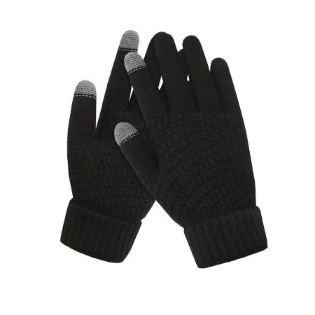 Manusi de Dama,  Functie Touchscreen (ecran tactil), Material Acril Tricotat, Manseta Elastica, Interior Catifelat, Marime Universala, Negru