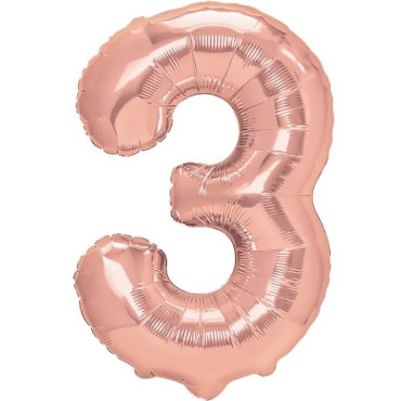 Balon din Folie Metalizata Cyrax, Figurina Cifra, Tema Aniversare 100 cm, Ambalaj Individual, Pai inclus, Umflare cu Aer sau Heliu, Coral, Rose Gold, Cifra 3