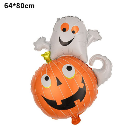 Set 5 Baloane din Folie Metalizata, Cyrax, Figurine, Tema Halloween, Pai Inclus, Ambalaj Individual, Umflare cu Aer sau Heliu, Figurina Dovleac cu Fantoma 64x80 cm, Stelute si Cerculete 45 cm, Multicolor