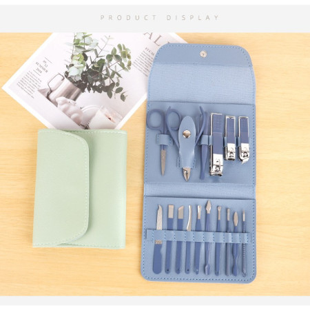 Set 16 Piese de Ingrijire Cosmetica, Cyrax, pentru Manichiura, Pedichiura, Fata, Geanta Organizatoare din Piele Ecologica Inclusa, Albastru