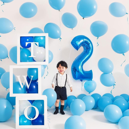 Balon din Folie Metalizata Cyrax, Figurina Cifra, Tema Aniversare 40 cm, Ambalaj Individual, Pai inclus, Umflare cu Aer sau Heliu, Albastru, Cifra 2