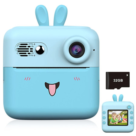 Set Camera Instantanee pentru Copii, Cyrax, Ecran HD 2.4'', 24MP, 720P Video, 1200 mAh, cu Functie de Printare Alb-Negru, cablu USB-C, Bluetooth, Compatibil iOS/Android, Imprimare APP, Model Iepure, Albastru
