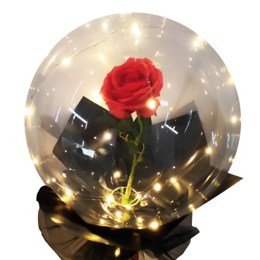 Trandafir in Balon LED cu Lumini, Cyrax, Tip Buchet, Diametru 35 cm, Rosu