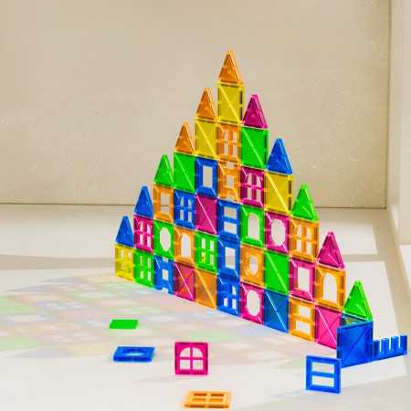 Set 88 Piese Magnetice de Constructie, Cyrax, Piese 5.5 cm, Magnetic Tiles, Forme Geometrice, 3 Ani, ABS, Magnet, 27.5 x 21.5 x 17 cm, Multicolor