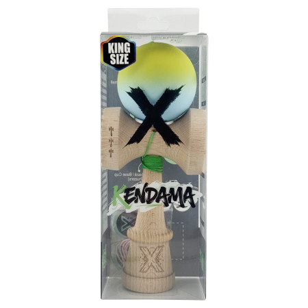 Kendama X Originala, Profesionala, Cyrax, Rubber Grip, Cupe Mari KING SIZE V3, Gaura in Baza, Rulment Metalic, din lemn 18 cm, Ata 62/65 cm, Gradient Galben/Albastru