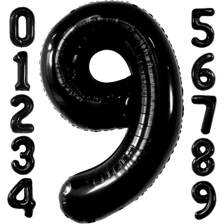 Balon din Folie Metalizata Cyrax, Figurina Cifra, Tema Aniversare 40 cm, Ambalaj Individual, Pai inclus, Umflare cu Aer sau Heliu, Negru, Cifra 9