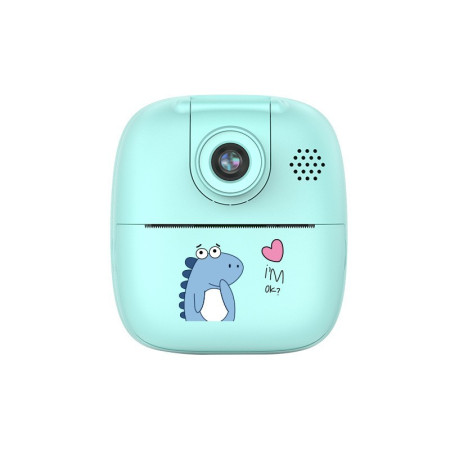 Camera Instantanee pentru Copii, Cyrax, Camera Frontala + Selfie, cu Functie de Printare, Cablu USB-C, Bluetooth, Compatibil iOS/Android, Imprimare APP, Model Dino, Albastru