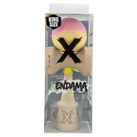 Kendama X Originala, Profesionala, Cyrax, Rubber Grip, Cupe Mari KING SIZE V3, Gaura in Baza, Rulment Metalic, din lemn 18 cm, Ata 62/65 cm, Gradient Roz/Galben