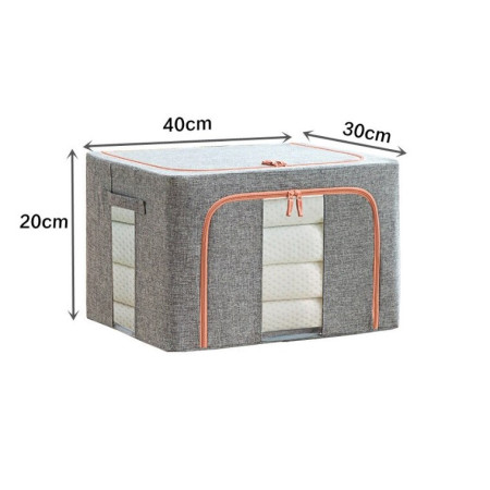 Cutie de Depozitare Pliabila,  24 L, din Bumbac si In, 40x30x20 cm, 2 Ferestre, Frontala si Laterala, 2 Usi de Acces cu Fermoar Bidirectional, Cadru Metalic, Suport Baza Stabil din Plastic, Gri