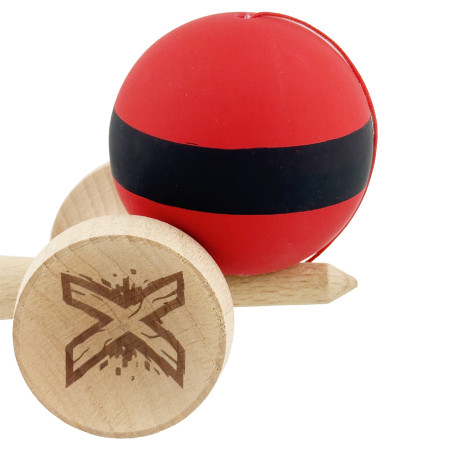 Kendama X Originala, Profesionala, Cyrax, Cupe Mari KING SIZE V3, Rubber Grip, Gaura in Baza, Rulment Metalic, din lemn 18 cm, Ata 62/65 cm, M Bicolor Rosu Dublu/Negru