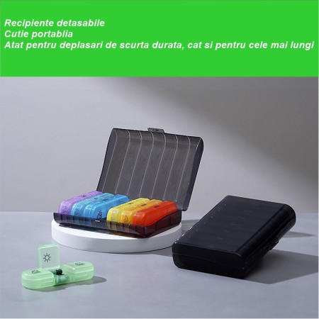 Cutie Depozitare Medicamente,  7 Zile, 21 Compartimente, Cutie Suport, Recipiente Detasabile, Portabila, Recipiente Colorate, Cutie Neagra, 15.6x12 cm
