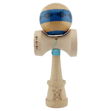 Kendama X Originala FREQUENCY, Profesionala, Cyrax, Cupe Mari KING SIZE V3, Super Sticky, Gaura in Baza, Rulment Metalic, din lemn 18 cm, Ata 55 cm, Albastru/Maro