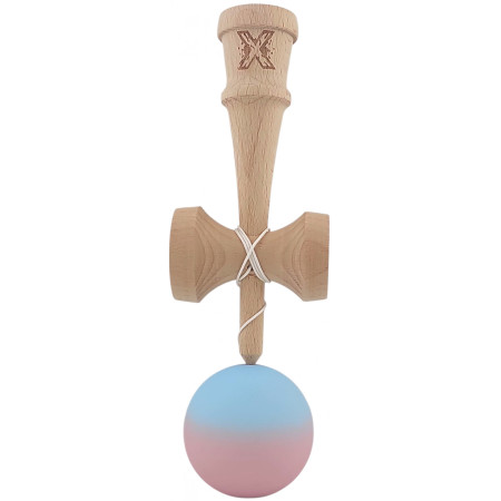Kendama X Originala, Profesionala, Cyrax, din Lemn, Rubber Grip, 18 cm, Albastru/Lila