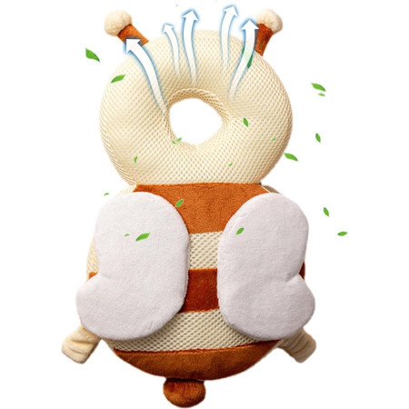 Perna tip Rucsac pentru Protectia Capului,  Tetiera tip Albina, pentru Bebelusi, Design tip Plasa, 33x6x19 cm, 180 g, Maro/Bej