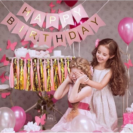 Banner Happy Birthday 100x200 cm, Cyrax, Dimensiune Stegulet 11.5x16.5 cm, Rola de Ata Inclusa, Roz