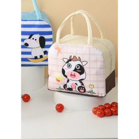 Geanta Termoizolanta pentru Copii, Cyrax, 23x13x19 cm, Model Imprimeu Vacuta, din Folie de Aluminiu si Panza Oxford, Bej