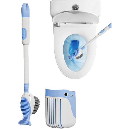 Perie de Toaleta,  cu Suport de Perete, Recipient Detergent, 2 Tipuri de Perii, Model Balena, Albastru