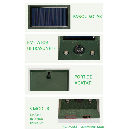 Aparat Solar LED cu Ultrasunete,  Repelent pentru Animale Mari si Mici, Lumina Rosie si Alba, Anti Rozatoare, Anti Insecte, Frecventa 9-36.5KHZ, 12 X 6.5 cm, Verde