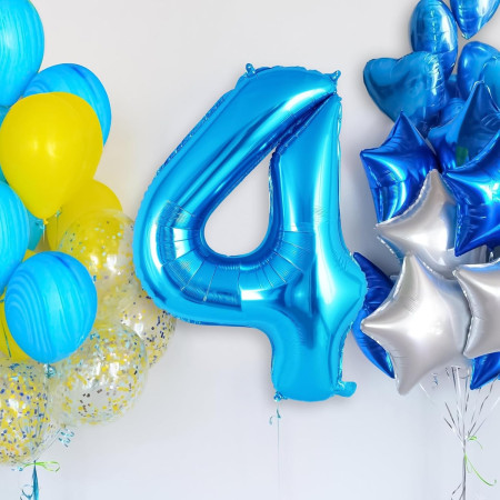 Balon din Folie Metalizata Cyrax, Figurina Cifra, Tema Aniversare 40 cm, Ambalaj Individual, Pai inclus, Umflare cu Aer sau Heliu, Albastru, Cifra 4