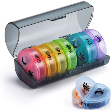 Cutie Depozitare Medicamente,  7 Zile, 14 Compartimente, Cutie Suport, Recipiente Detasabile, Portabila, Recipiente Colorate, Suport Negru, 17.5x11x9.5 cm