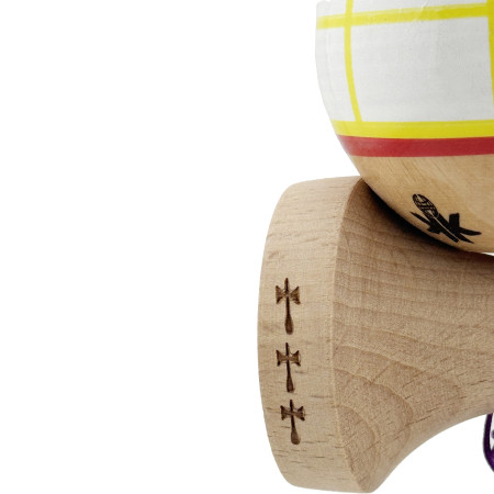 Kendama X Originala, Profesionala, Cyrax, Big Cups V2, Model Glob Super Sticky Legendary Cupe Mari, Rulment Metalic cu Ata 55 cm, Alb/Galben/Rosu