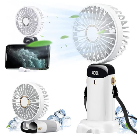 Ventilator Ultra Portabil cu Aromaterapie,  3 in 1, de Mana, de Birou, de Gat, 5 Trepte de Viteza, Incarcare USB, Autonomie 12h, Pliabil, cu Ecran LCD, Alb