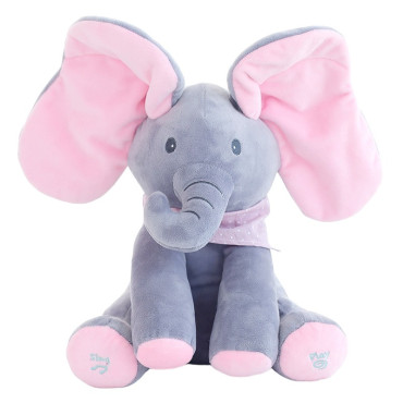 Jucarie Interactiva pentru Copii, Cyrax, Elefantel Peek-a-boo, Muzica, Misca Urechile, Alimentare cu Baterii, 30 cm, Roz-Gri