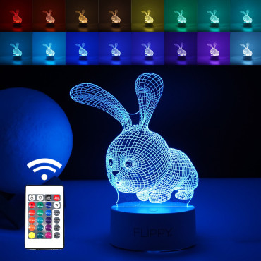 Lampa LED decorativa,  3D, Iepure, cu USB si baterii, 20 cm inaltime, din material acril, lumina multicolora si telecomanda inclusa, alb