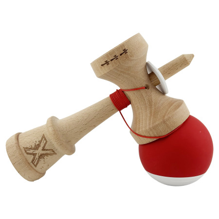 Kendama X Originala, Profesionala, Cyrax, Rubber Grip, Cupe Mari KING SIZE V3, Gaura in Baza, Rulment Metalic, din lemn 18 cm, Ata 62/65 cm, Bicolor Rosu/Alb