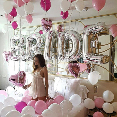 Set Baloane din Folie Metalizata, Cyrax, Model Scris Bride, Litere de 100 cm, Tema Iubire, Baloane Party, Ambalaj Individual, Pai Inclus, Umflare cu Aer sau Heliu, Argintiu