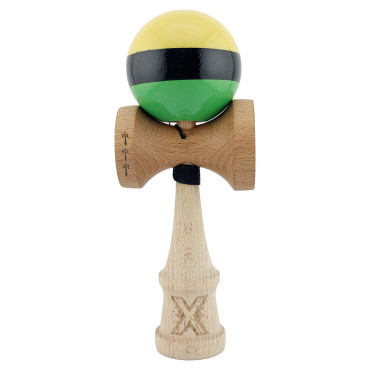 Kendama X Originala, Profesionala, Cyrax, Big Cups V2, Super Sticky cu Cupe Mari, din lemn 18 cm, Rulment Metalic cu Ata 55 cm, Galben/Negru/Verde