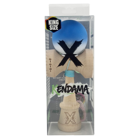 Kendama X Originala, Profesionala, Cyrax, Rubber Grip, Cupe Mari KING SIZE V3, Gaura in Baza, Rulment Metalic, din lemn 18 cm, Ata 62/65 cm, Gradient Albastru/Alb