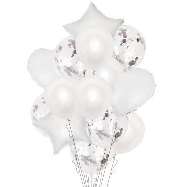 Set 14 Baloane din Folie Metalizată si din Latex, Cyrax, Figurine Stea si Inima 45 cm, Baloane Latex 30 cm, Tema Buchet, Ambalaj Individual, Pai Inclus, Umflare cu Aer sau Heliu, Argintiu