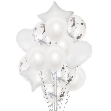 Set 14 Baloane din Folie Metalizată si din Latex, Cyrax, Figurine Stea si Inima 45 cm, Baloane Latex 30 cm, Tema Buchet, Ambalaj Individual, Pai Inclus, Umflare cu Aer sau Heliu, Argintiu