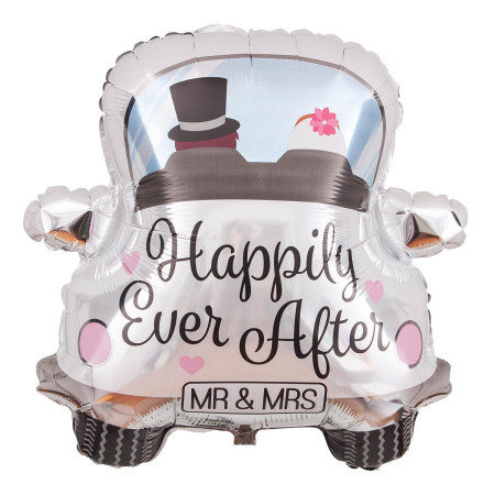 Balon din Folie Metalizata, Cyrax, Figurina Masina, Model Nunta Happily Ever After, Tema Nunta, 60 x 63 cm, Ambalaj Individual, Pai Inclus, Umflare cu Aer sau Heliu, Alb