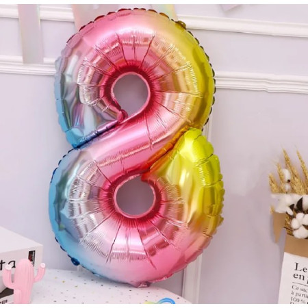 Balon din Folie Metalizata Cyrax, Figurina Cifra, Tema Aniversare 40 cm, Ambalaj Individual, Pai inclus, Umflare cu Aer sau Heliu, Multicolor, Cifra 8