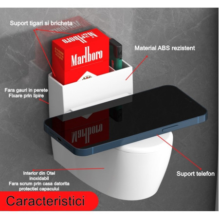 Scrumiera creativa  Forma de Toaleta, Capac Alb , Material ABS si Otel Inoxidabil, 12.5 x 10 x 8 cm, Fixare prin Lipire sau De Sine Statator, pentru Baie, Camera, Bucatarie, Balcon, Alb, model 2