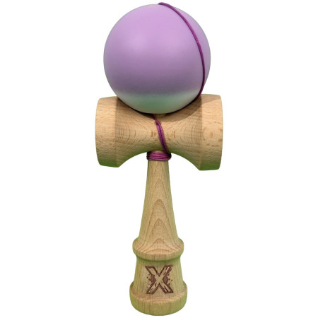 Kendama X Originala, Profesionala, Cyrax, din Lemn cu Bila Cauciucata, 18 x 6 x 7 cm, Gradient Mov/Alb