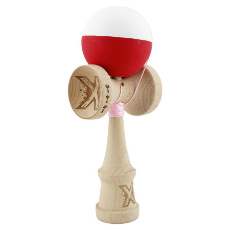 Kendama X Originala, Profesionala, Cyrax, Big Cups V2, Rubber Grip cu Cupe Mari, Rulment Metalic cu Ata 55 cm, Alb/Rosu
