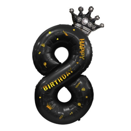 Balon din Folie Metalizata Cyrax, Figurina Cifra si Coroana, Scris Happy Birthday, Tema Aniversare 100 cm, Ambalaj Individual, Pai inclus, Umflare cu Aer sau Heliu, Negru, Cifra 8