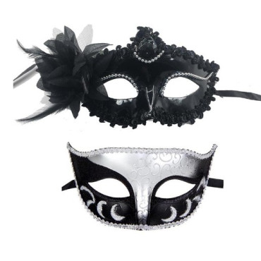 Set 2 Masti de Cuplu, Cyrax, pentru Carnaval, Bal Mascat, Marime Universala, Model Floare Laterala si Margele, Model Clasic Fluture, Negru Argintiu