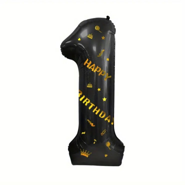 Balon din Folie Metalizata Cyrax, Figurina Cifra, Scris Happy Birthday, Tema Aniversare 100 cm, Ambalaj Individual, Pai inclus, Umflare cu Aer sau Heliu, Negru, Cifra 1