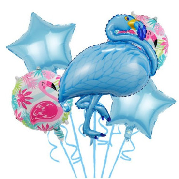 Set Baloane party aniversare, Cyrax, din Folie de aluminiu si Latex, set din 5 baloane Flamigo Party cu 2 stele, 2 baloane rotunde, 60 -90 cm, Albastru