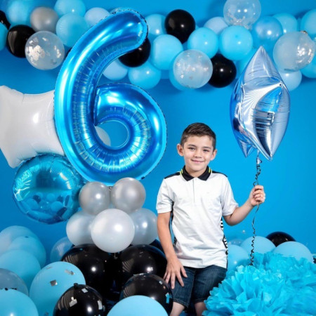 Balon din Folie Metalizata Cyrax, Figurina Cifra, Tema Aniversare 100 cm, Ambalaj Individual, Pai inclus, Umflare cu Aer sau Heliu, Albastru, Cifra 6