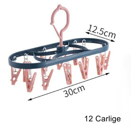 Uscator de Rufe Suspendat  cu 12 Carlige, Rotire 360 Grade, Protectie Vant, Mateiral Plastic, Usor de Depozitat, Multifunctional, 30 x 12.5 cm, Albastru/Roz