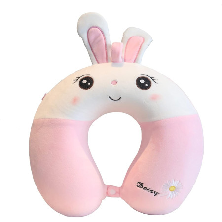 Perna de Calatorie in Forma de U,  Pentru Gat si Cap, Umplutura din Spuma cu Memorie, 30x30 cm, Model Iepuras, Accesoriu de Voiaj, Birou, Masina, Sistem Prindere Capse, Roz-Alb